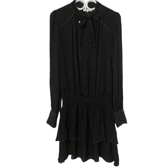 Parker Tie Neck Beaded Long Sleeve Ruffle Silk Dress size S - Picture 1 of 7